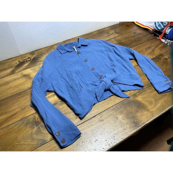 Free People Sunstreaks Tie Front Button Down Blouse Blue Size Large - Picture 5 of 9